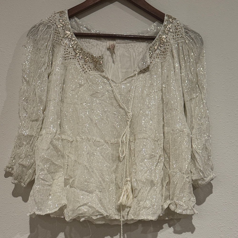 RAGA Cream Sequin Tie-Front Blouse